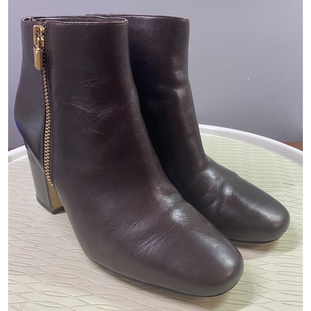 MICHAEL KORS Women Leather Deep Brown Ankle Boot 3.5 inch Heel Gold Hardware 10M
